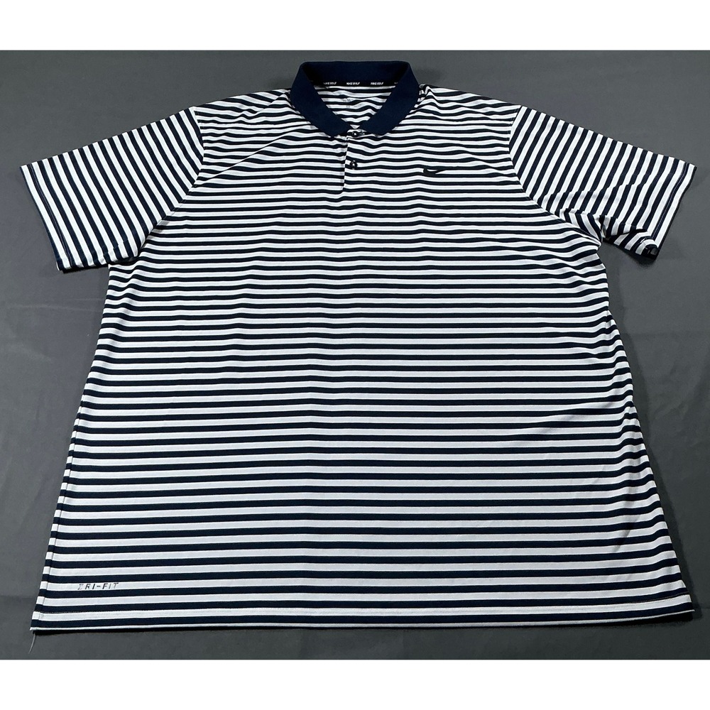 Nike Golf Dri-FIT Mens XXL Navy Blue White Striped Short Sleeve Polo Shirt